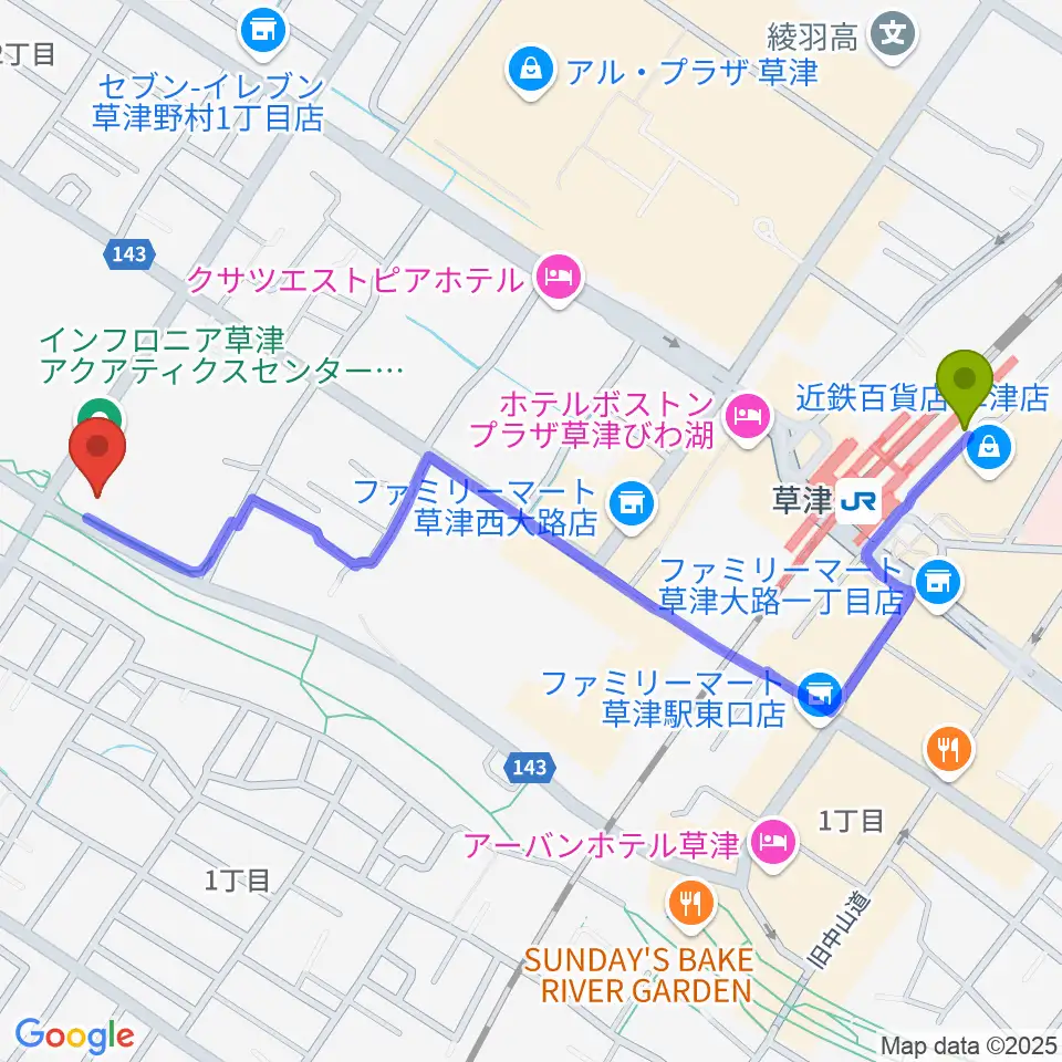 インフロニア草津アクアティクスセンターの最寄駅草津駅からの徒歩ルート（約13分）地図