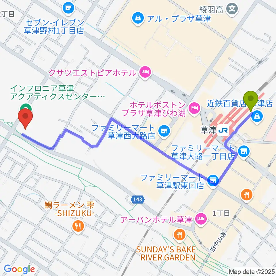 インフロニア草津アクアティクスセンターの最寄駅草津駅からの徒歩ルート（約13分）地図