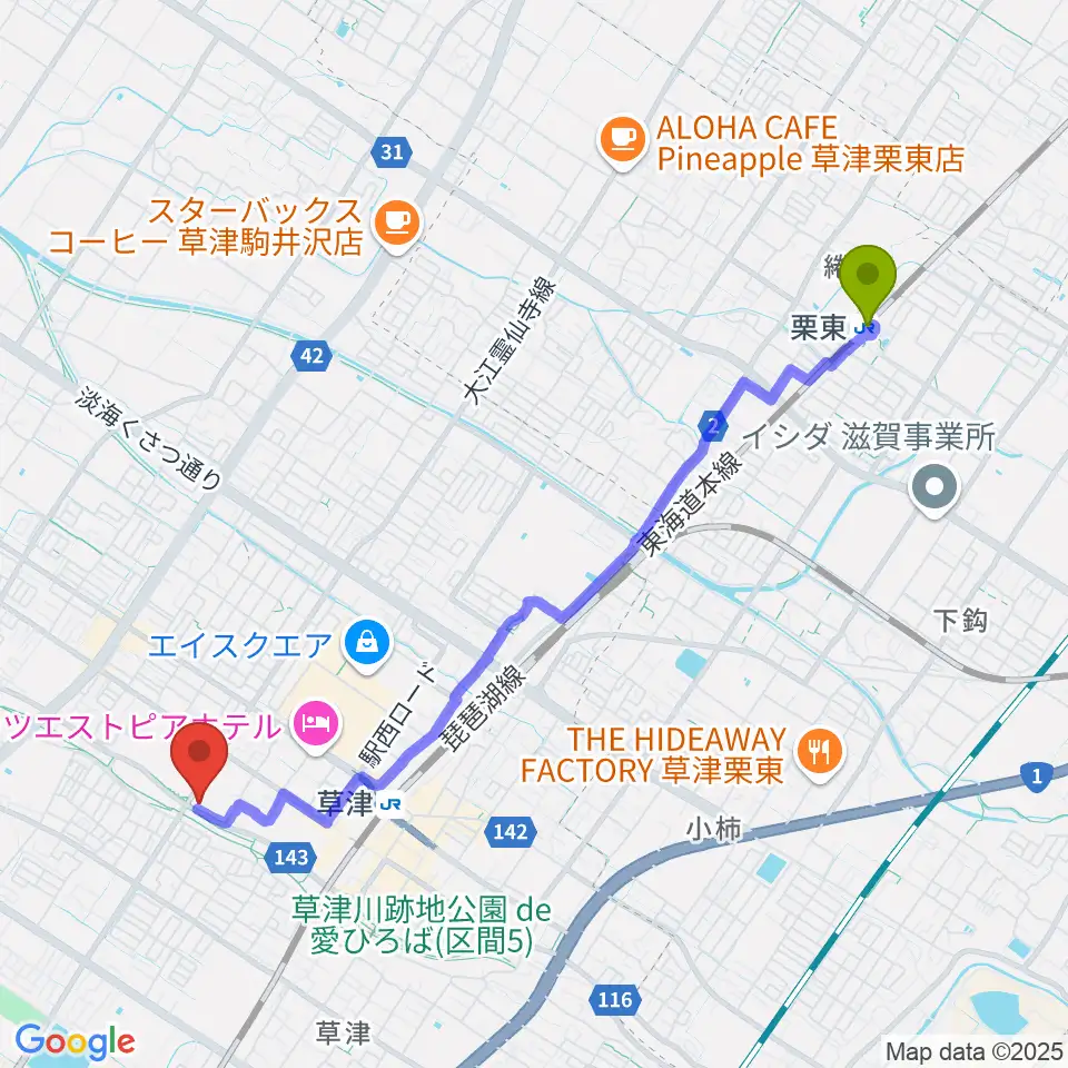 栗東駅からインフロニア草津アクアティクスセンターへのルートマップ地図