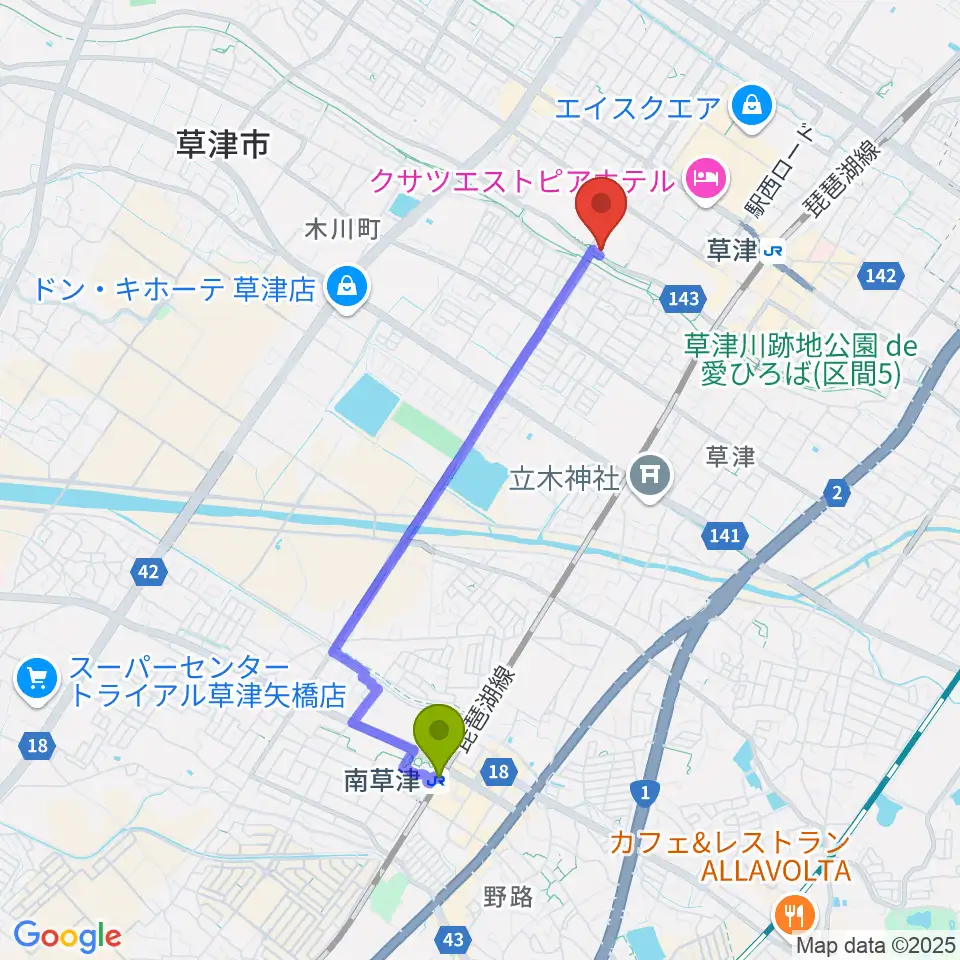 南草津駅からインフロニア草津アクアティクスセンターへのルートマップ地図