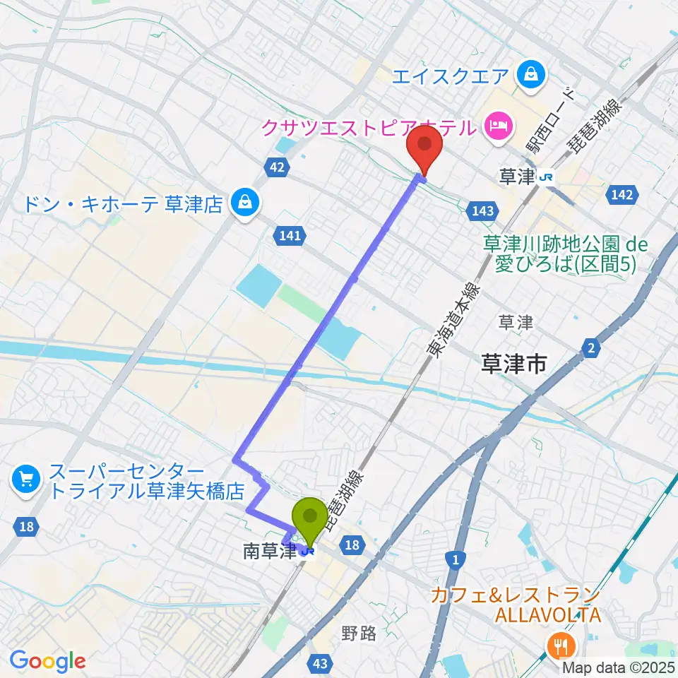 南草津駅からインフロニア草津アクアティクスセンターへのルートマップ地図