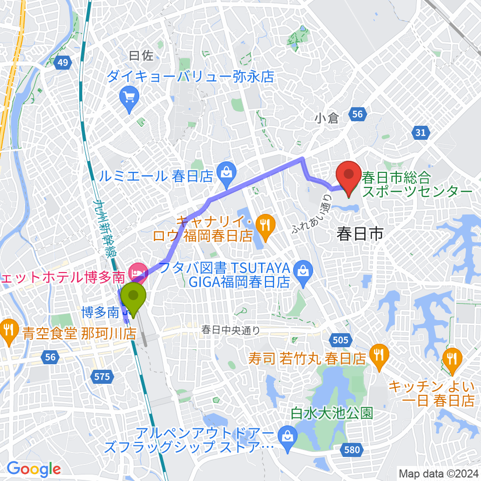 博多南駅から春日市総合スポーツセンターへのルートマップ地図