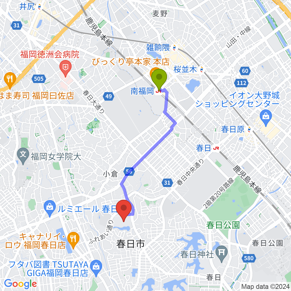 南福岡駅から春日市総合スポーツセンターへのルートマップ地図