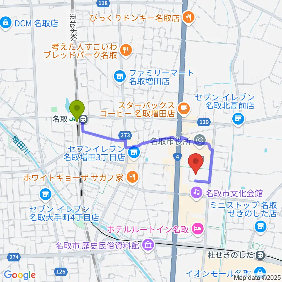 名取駅から名取市民体育館へのルートマップ地図