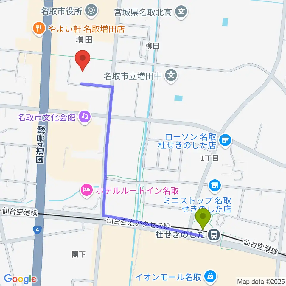 名取市民体育館の最寄駅杜せきのした駅からの徒歩ルート（約10分）地図