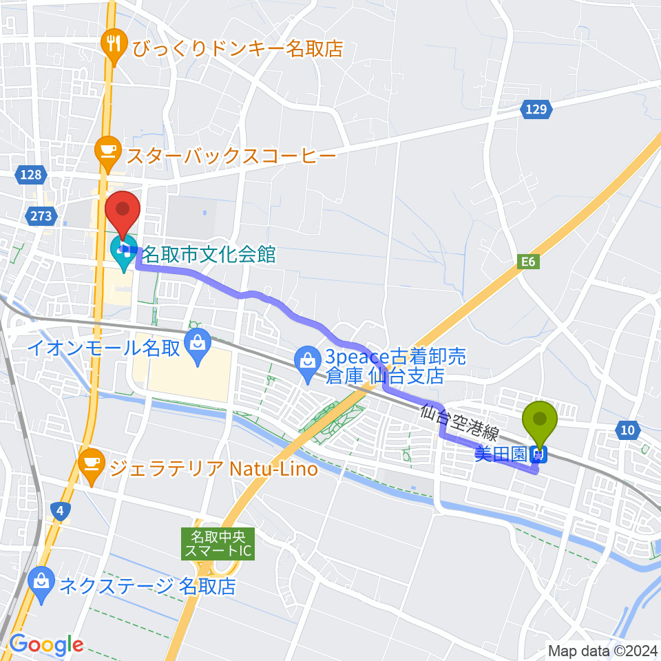 美田園駅から名取市民体育館へのルートマップ地図