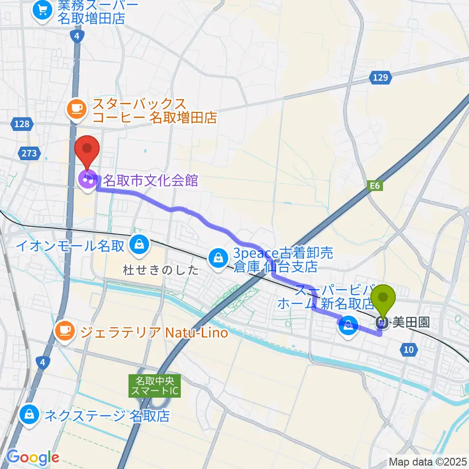 美田園駅から名取市民体育館へのルートマップ地図