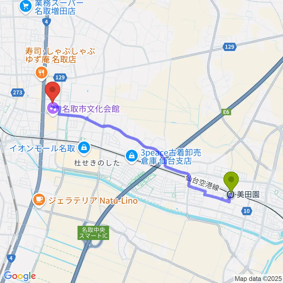 美田園駅から名取市民体育館へのルートマップ地図