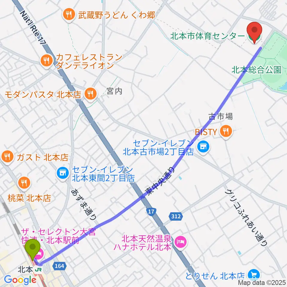 北本市体育センターの最寄駅北本駅からの徒歩ルート（約33分）地図