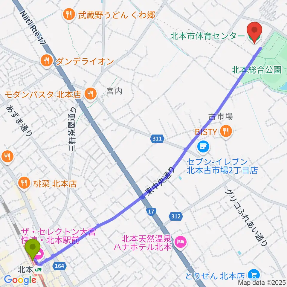 北本市体育センターの最寄駅北本駅からの徒歩ルート（約33分）地図