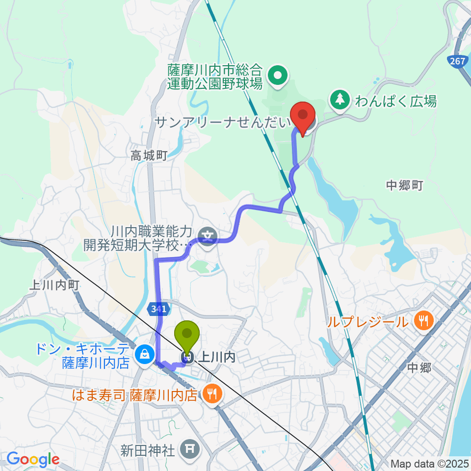 サンアリーナせんだいの最寄駅上川内駅からの徒歩ルート（約34分）地図