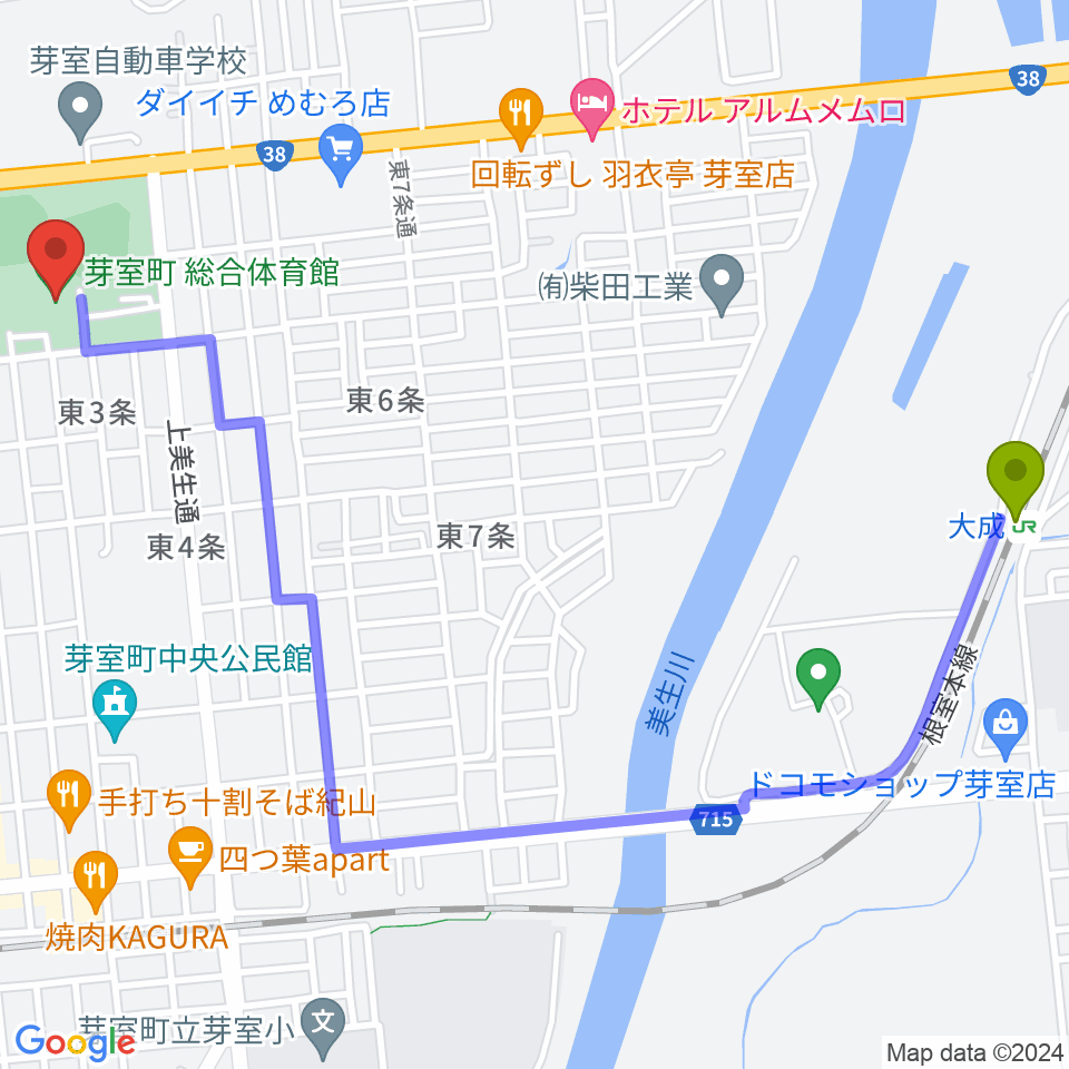 大成駅から芽室町総合体育館へのルートマップ地図