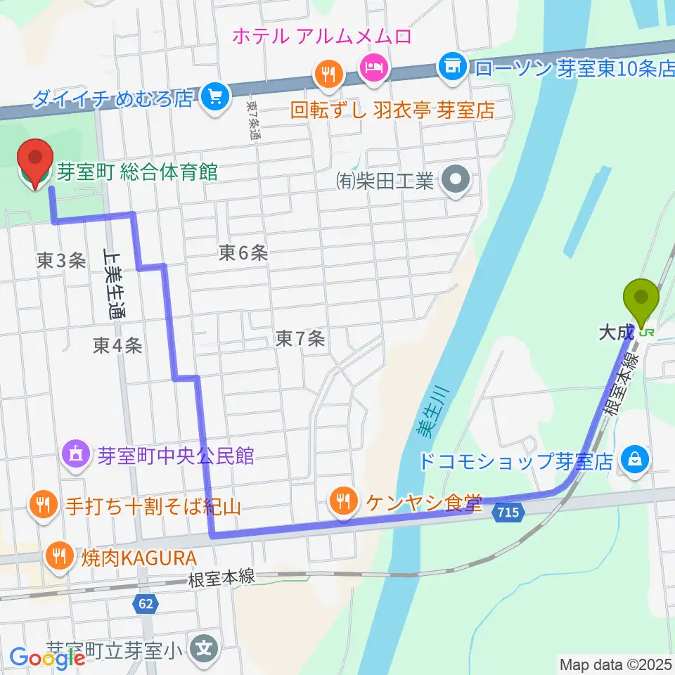 大成駅から芽室町総合体育館へのルートマップ地図