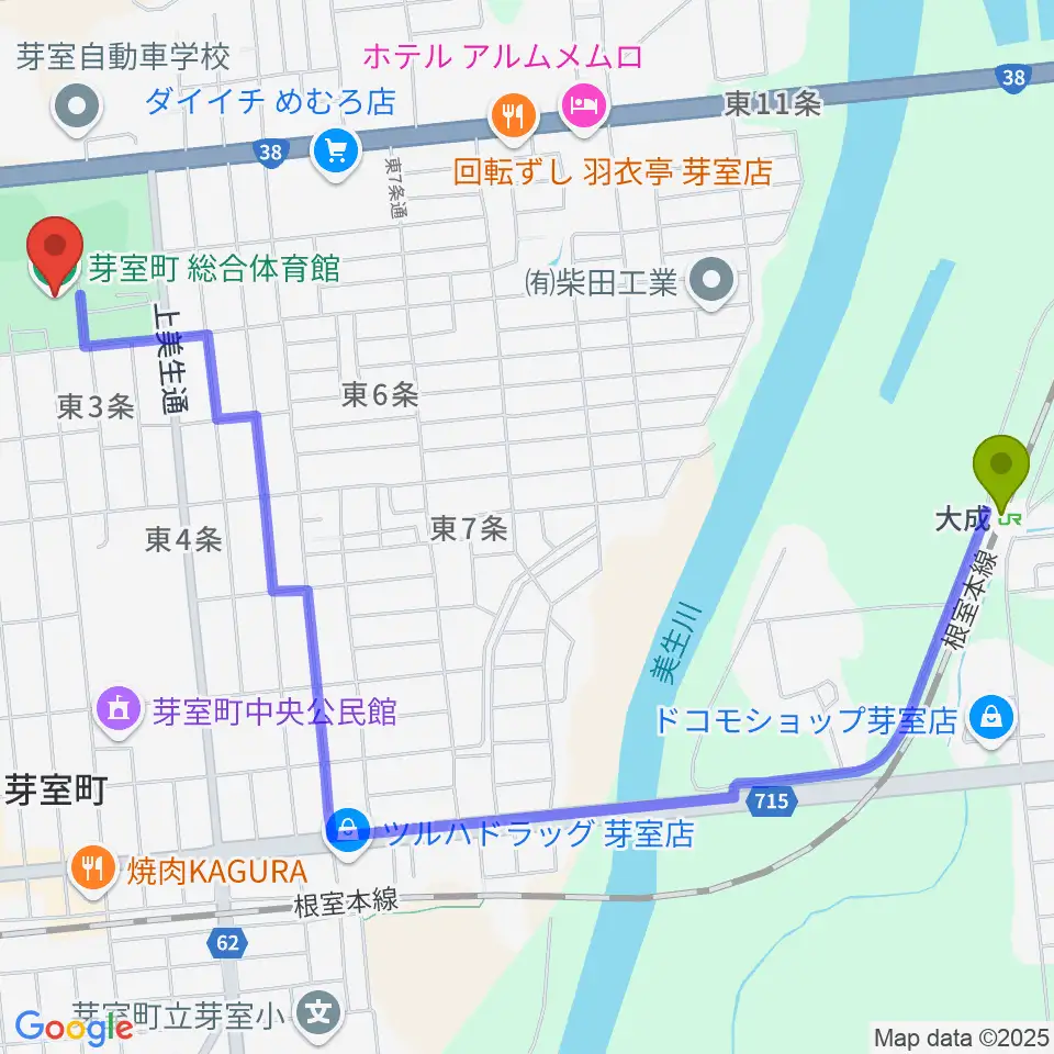 大成駅から芽室町総合体育館へのルートマップ地図