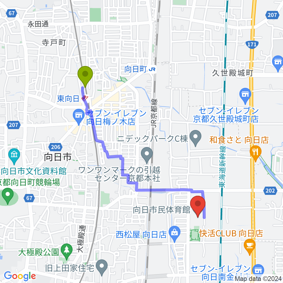 東向日駅から向日市民体育館へのルートマップ地図