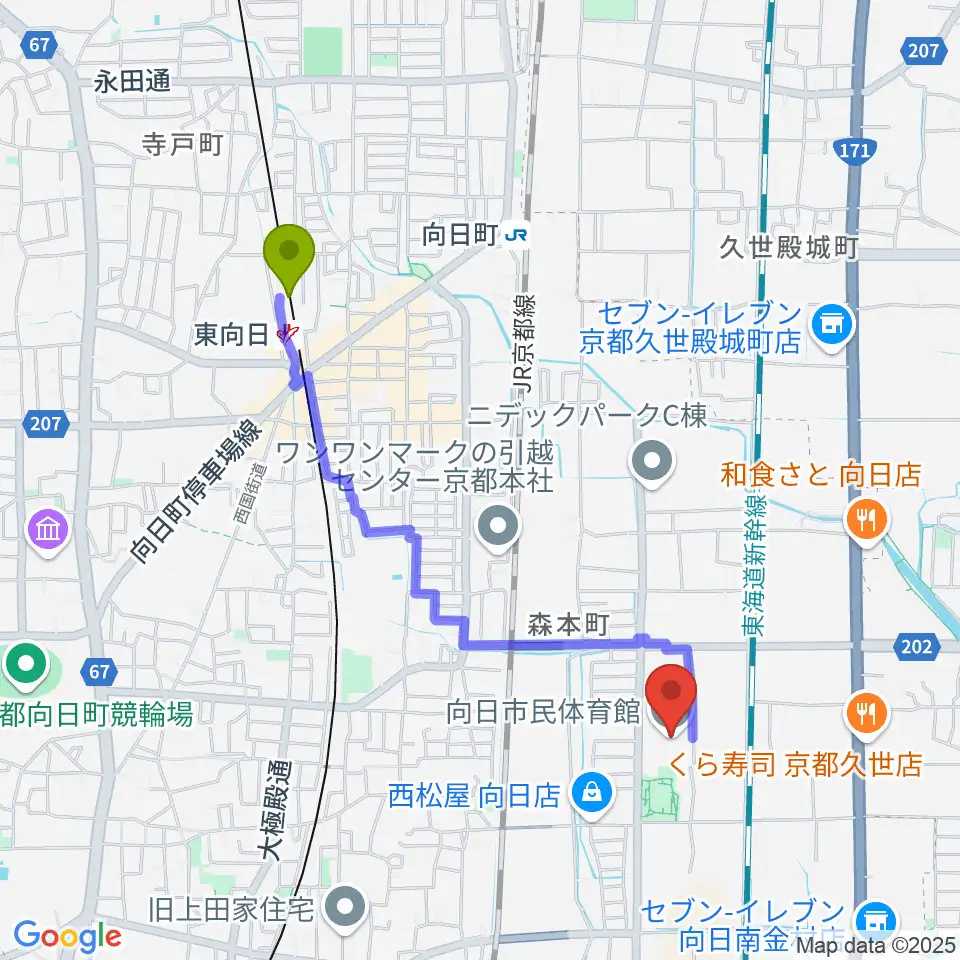 東向日駅から向日市民体育館へのルートマップ地図