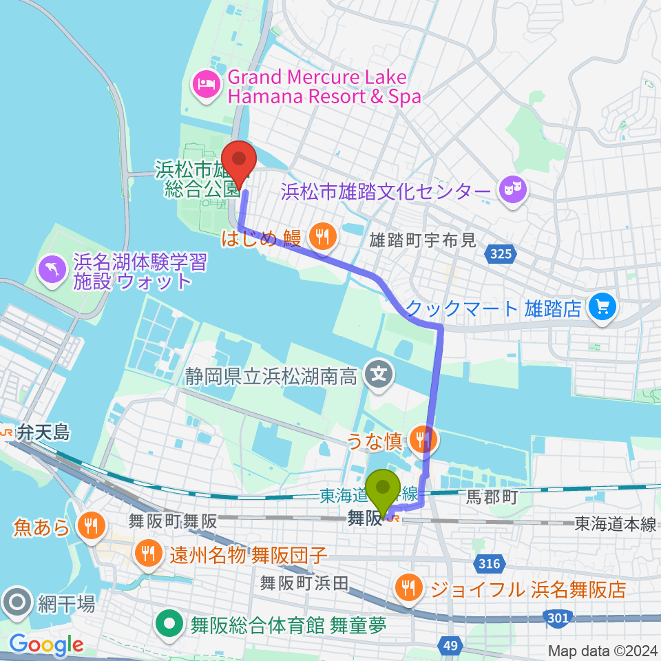 舞阪駅から雄踏総合体育館へのルートマップ地図