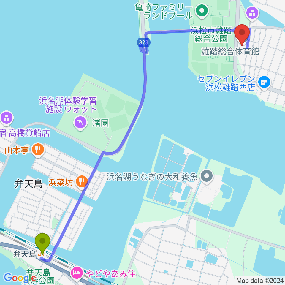 雄踏総合体育館の最寄駅弁天島駅からの徒歩ルート（約32分）地図