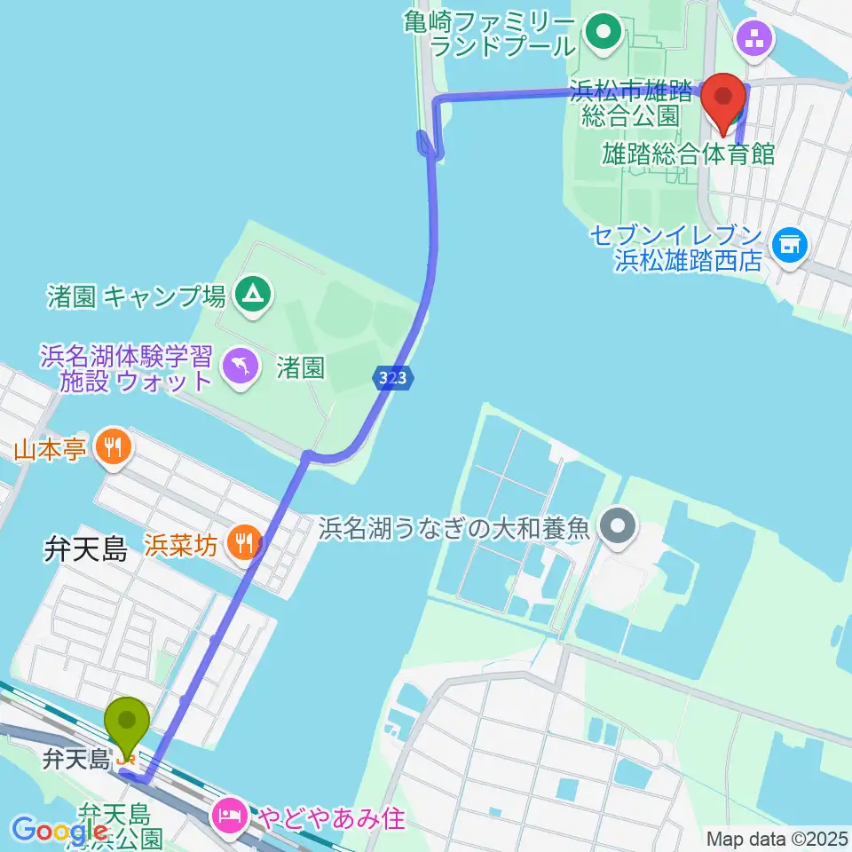 雄踏総合体育館の最寄駅弁天島駅からの徒歩ルート（約32分）地図