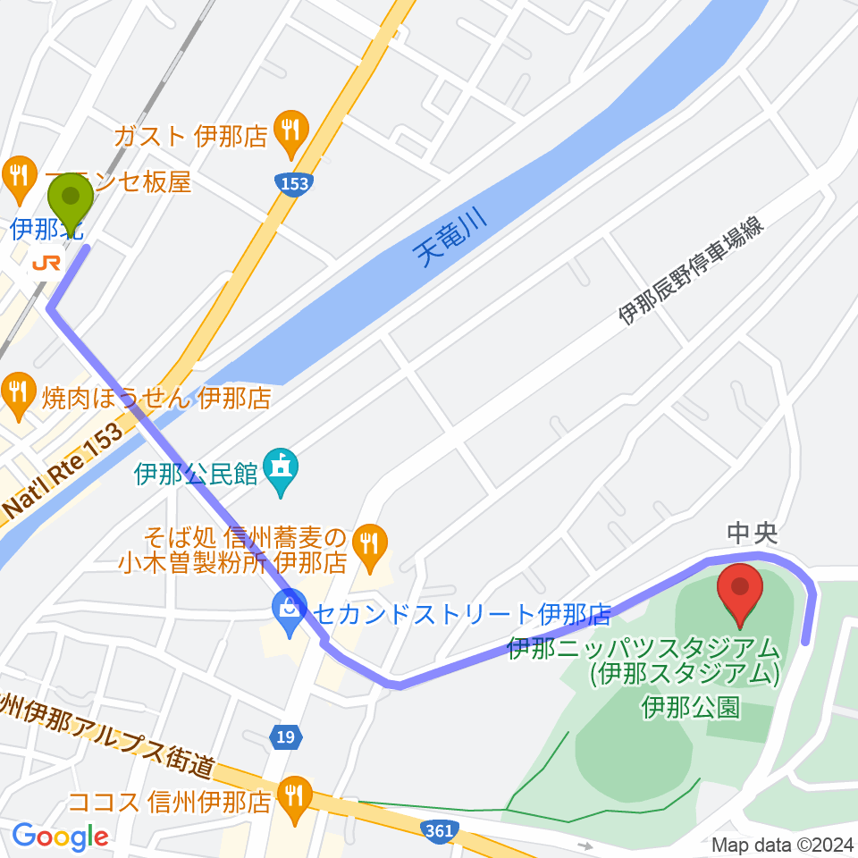 伊那ニッパツスタジアムの最寄駅伊那北駅からの徒歩ルート（約14分）地図