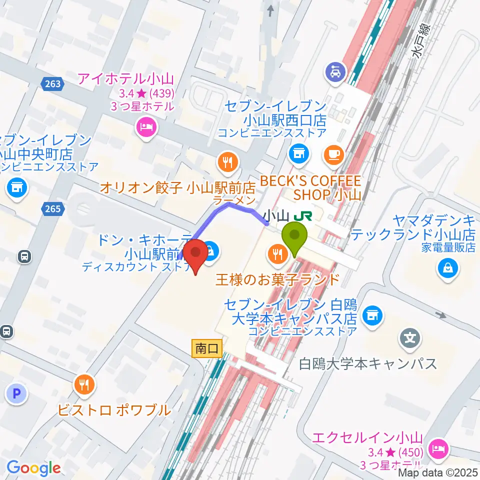 小山シネマロブレの最寄駅小山駅からの徒歩ルート（約2分）地図