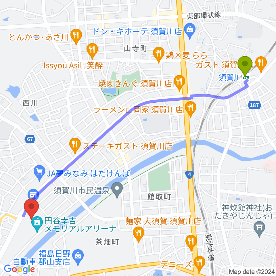 円谷幸吉メモリアルアリーナの最寄駅須賀川駅からの徒歩ルート（約28分）地図