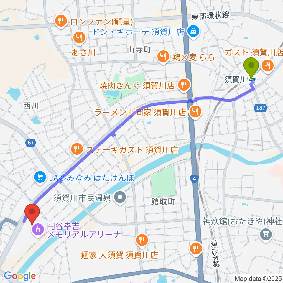 円谷幸吉メモリアルアリーナの最寄駅須賀川駅からの徒歩ルート（約28分）地図