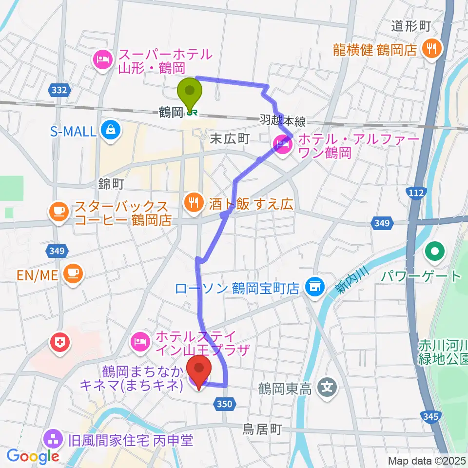 鶴岡まちなかキネマの最寄駅鶴岡駅からの徒歩ルート（約18分）地図