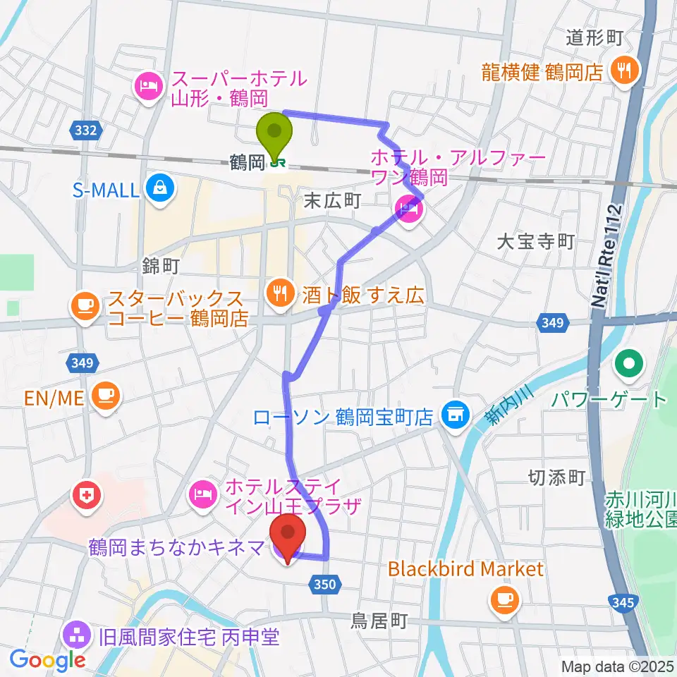 鶴岡まちなかキネマの最寄駅鶴岡駅からの徒歩ルート（約18分）地図