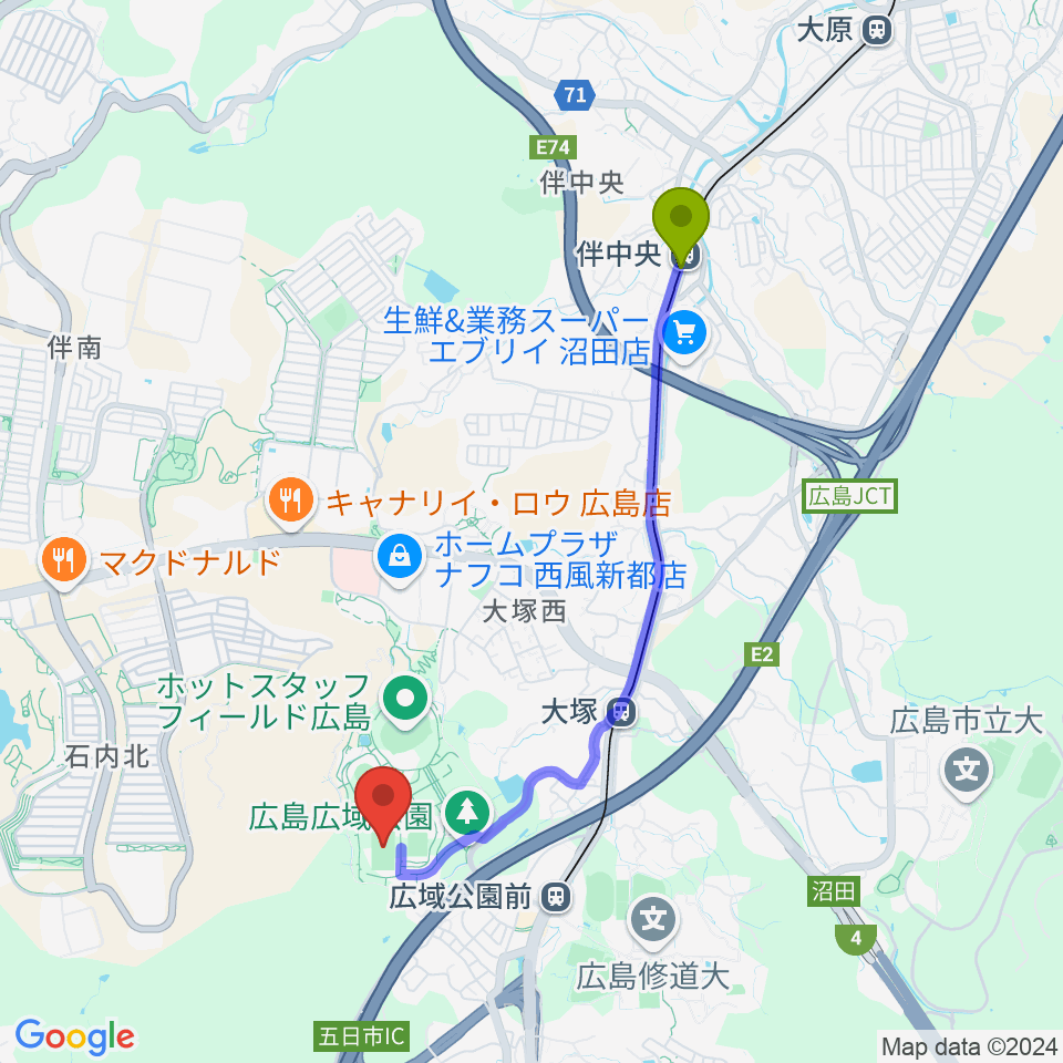 伴中央駅からサンフレッチェビレッジ広島第一球技場へのルートマップ地図