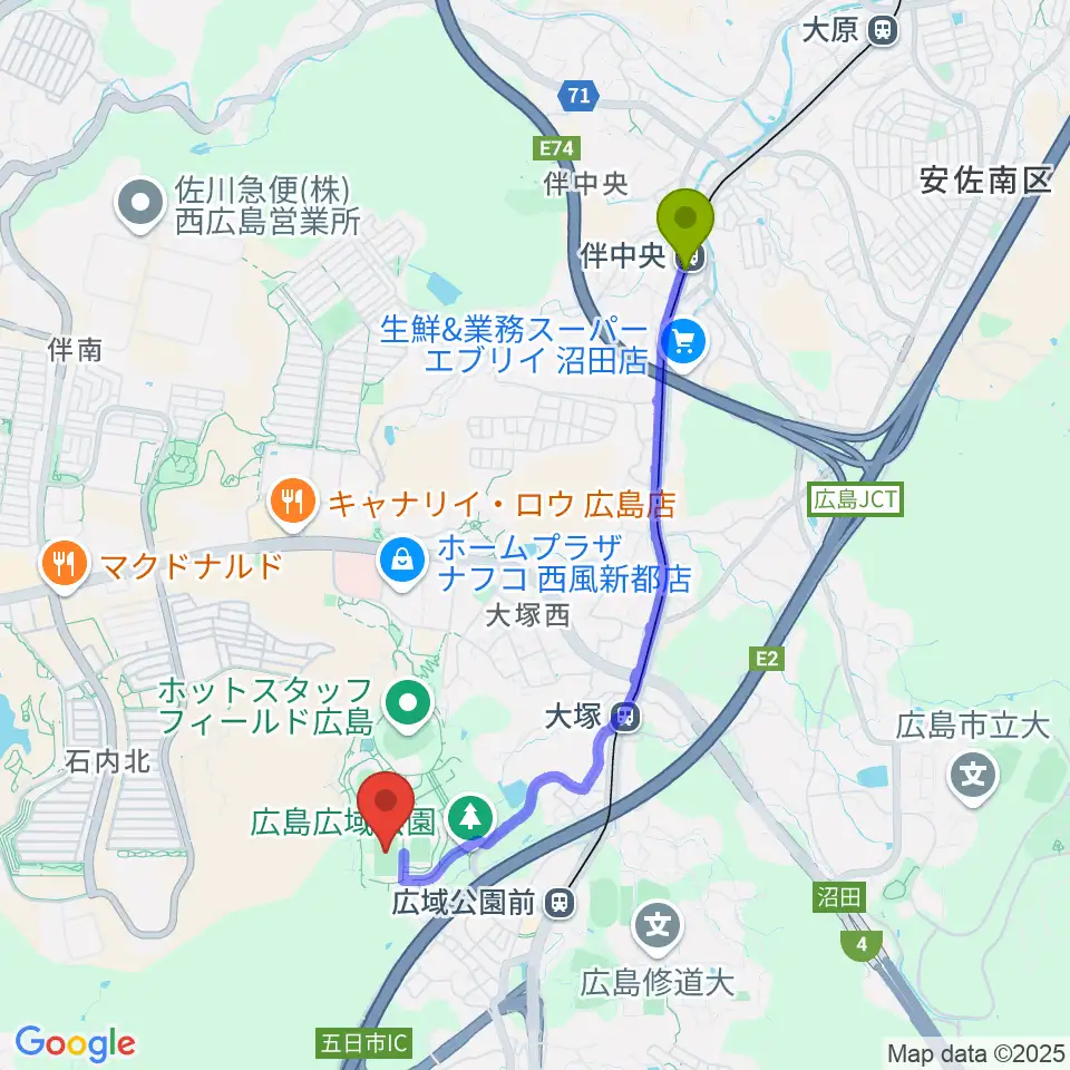 伴中央駅からサンフレッチェビレッジ広島第一球技場へのルートマップ地図