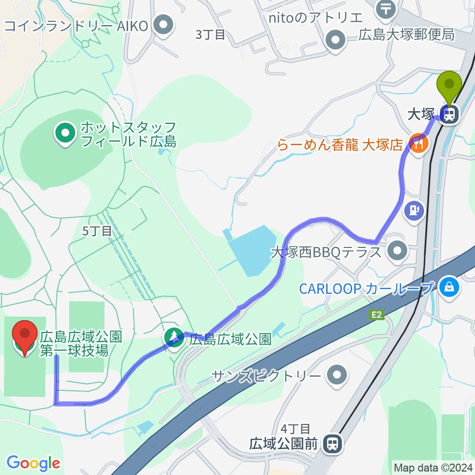 大塚駅からサンフレッチェビレッジ広島第一球技場へのルートマップ地図