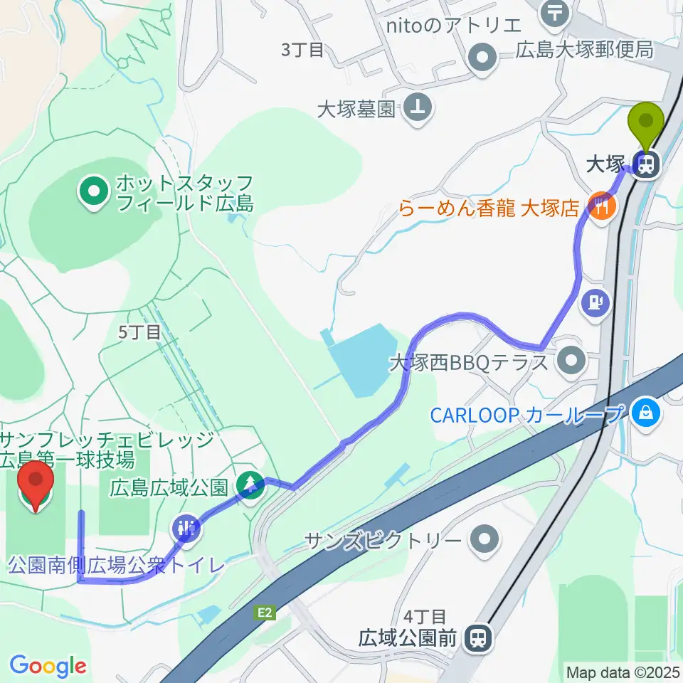 大塚駅からサンフレッチェビレッジ広島第一球技場へのルートマップ地図