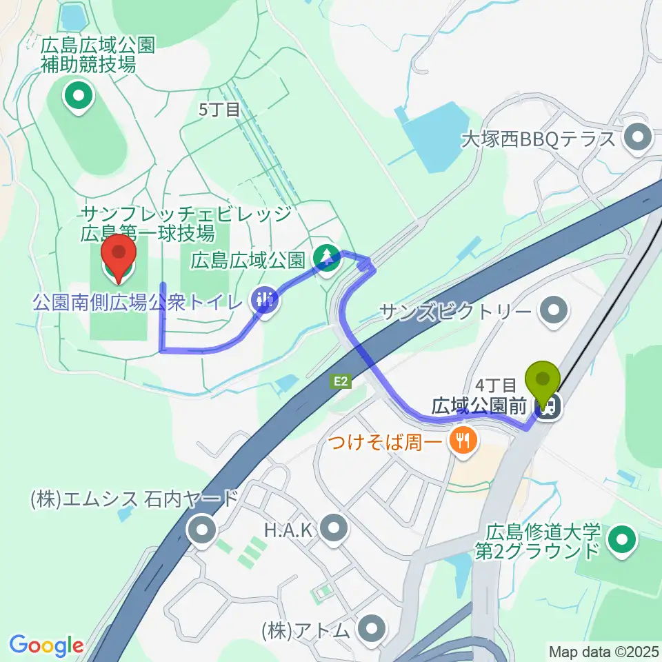 サンフレッチェビレッジ広島第一球技場の最寄駅広域公園前駅からの徒歩ルート（約11分）地図