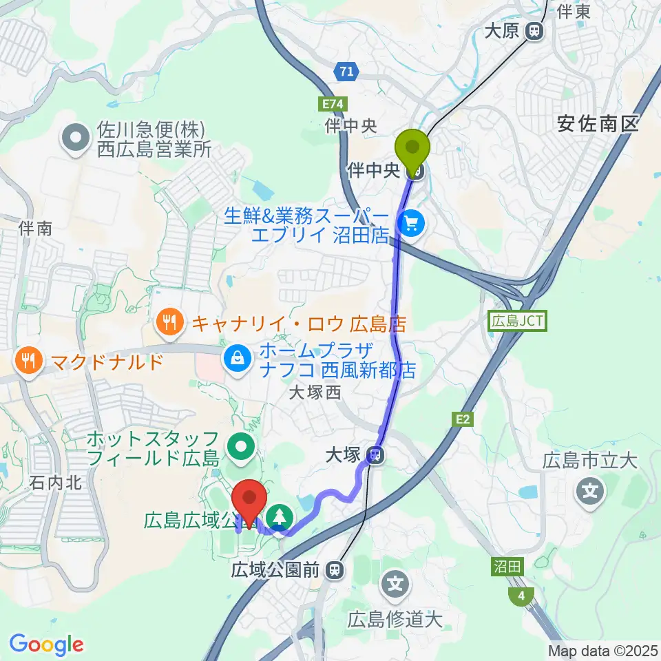 伴中央駅から広島広域公園第二球技場へのルートマップ地図
