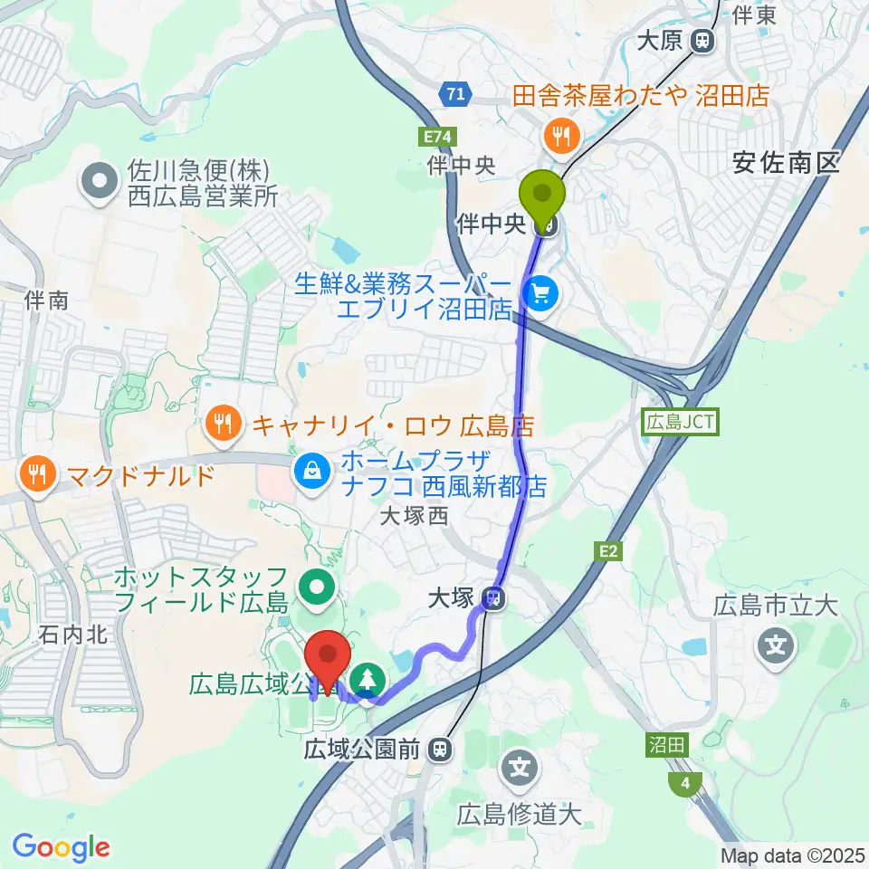 伴中央駅から広島広域公園第二球技場へのルートマップ地図
