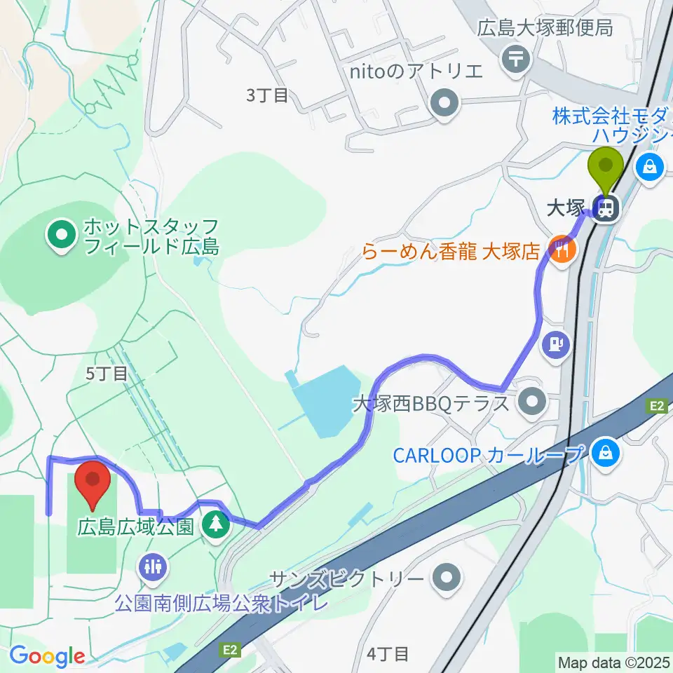 大塚駅から広島広域公園第二球技場へのルートマップ地図