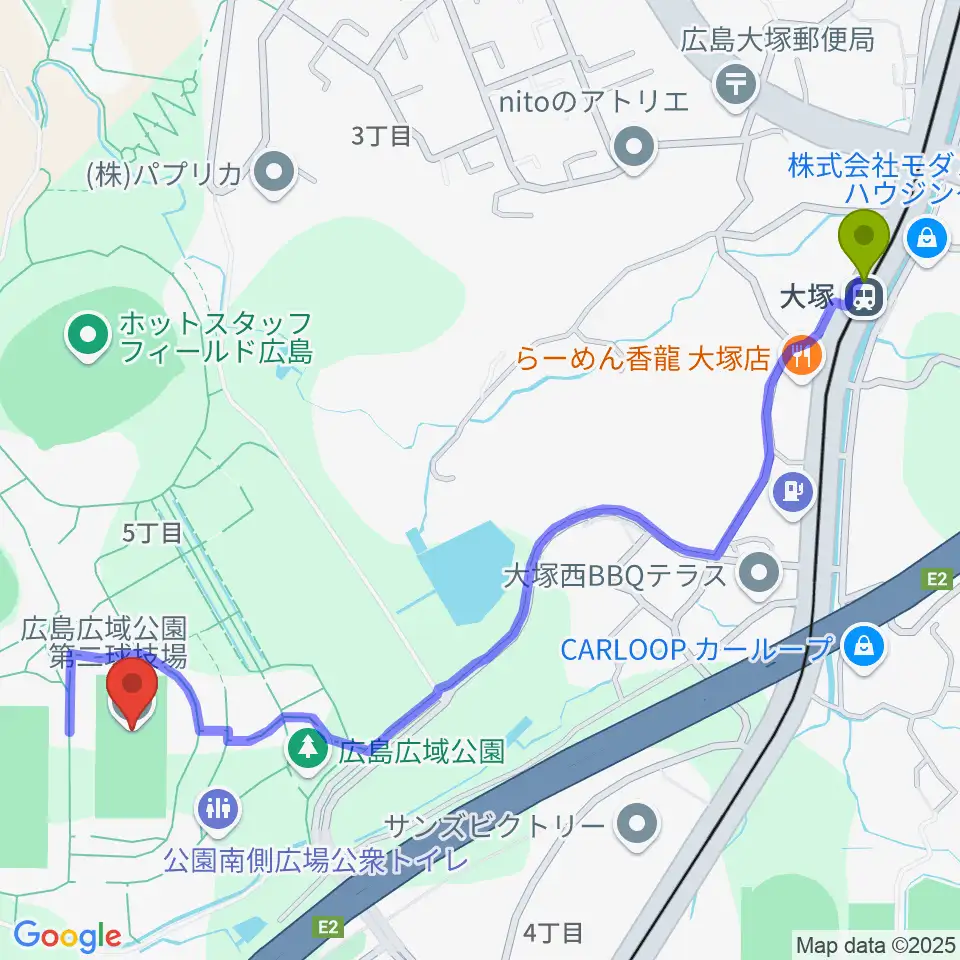 大塚駅から広島広域公園第二球技場へのルートマップ地図