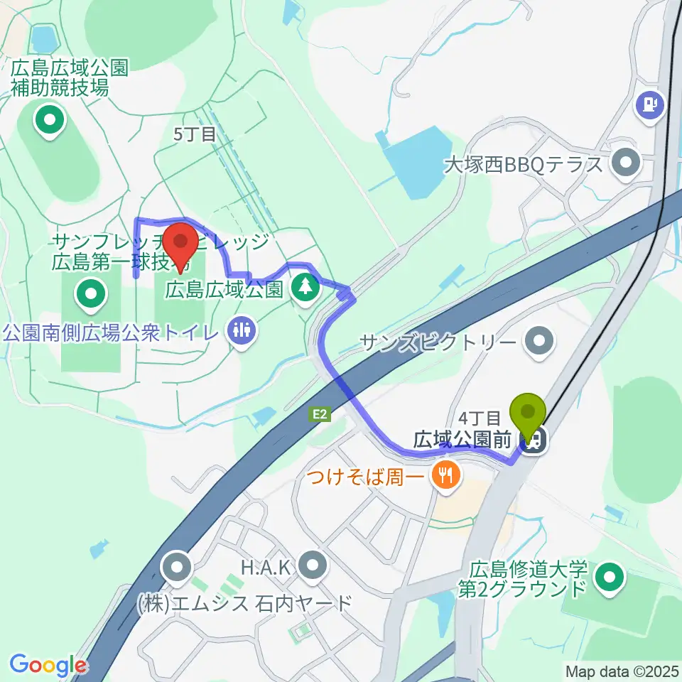 広島広域公園第二球技場の最寄駅広域公園前駅からの徒歩ルート（約9分）地図