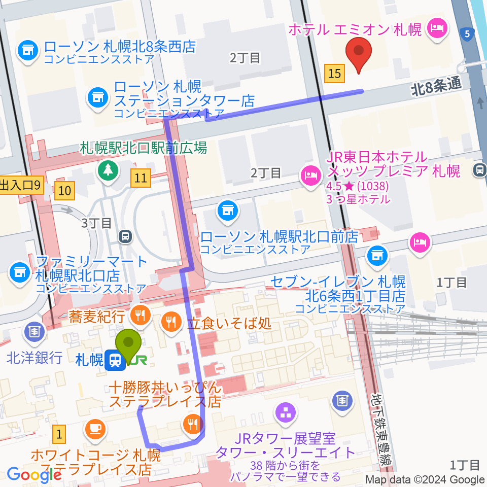 ジョブキタ北八劇場の最寄駅札幌駅からの徒歩ルート（約5分）地図