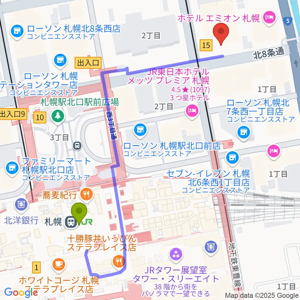 ジョブキタ北八劇場の最寄駅札幌駅からの徒歩ルート（約5分）地図