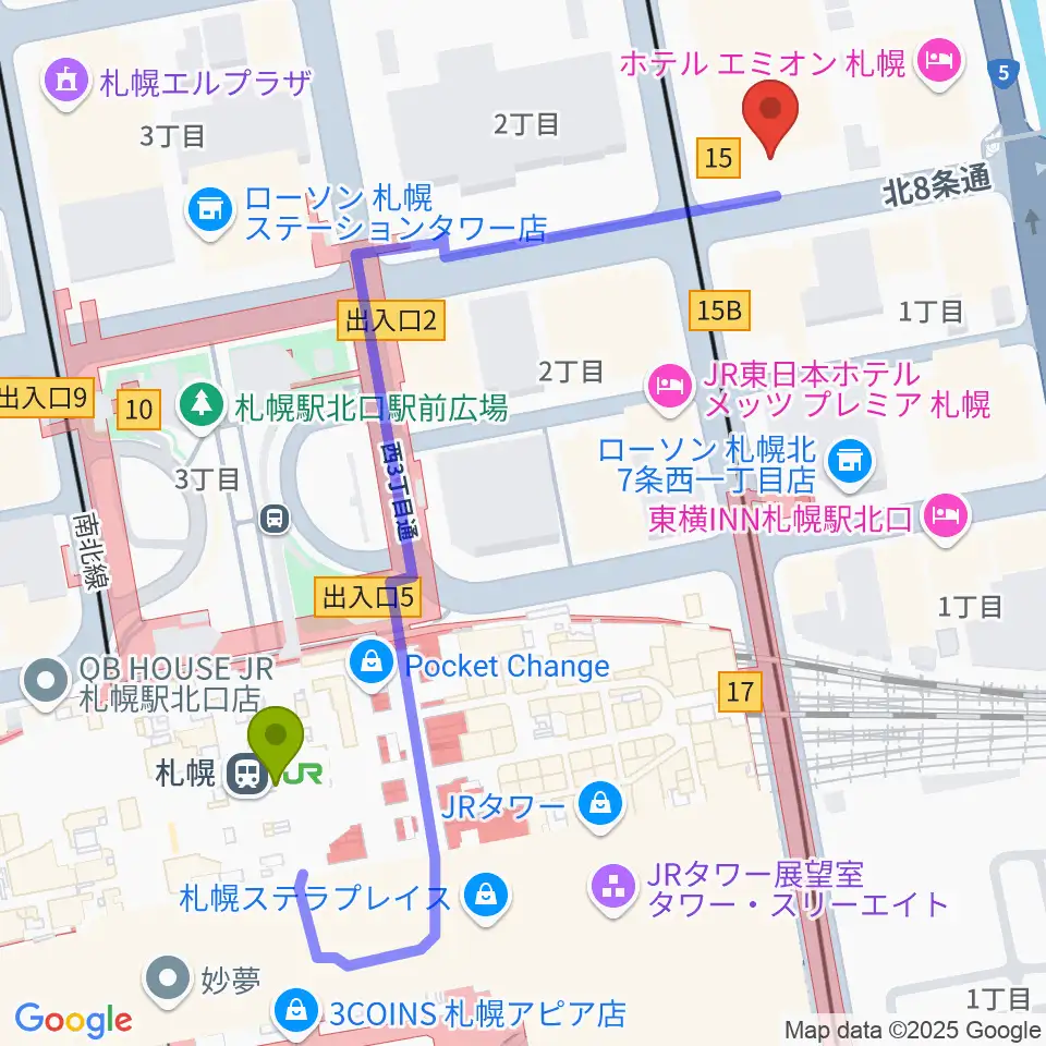 ジョブキタ北八劇場の最寄駅札幌駅からの徒歩ルート（約5分）地図