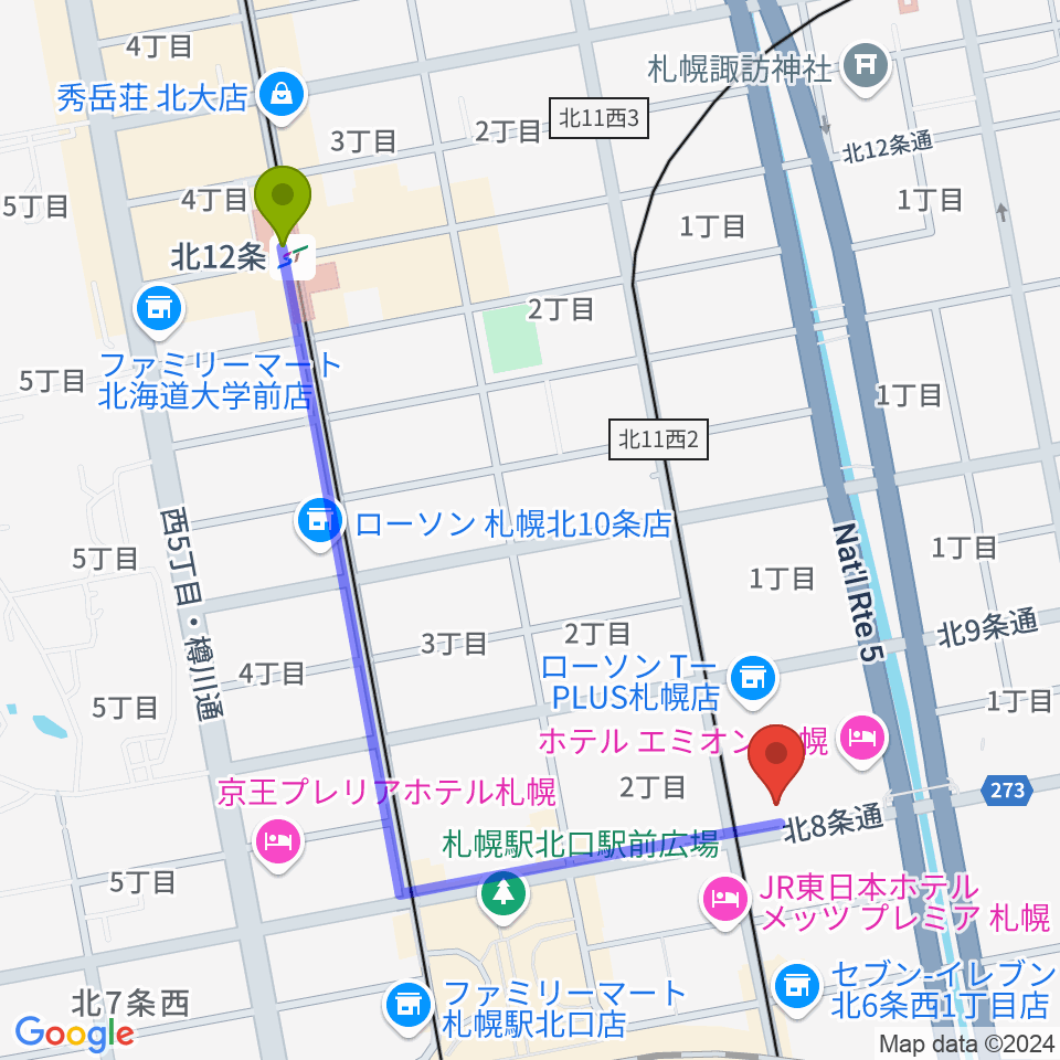 北１２条駅からジョブキタ北八劇場へのルートマップ地図