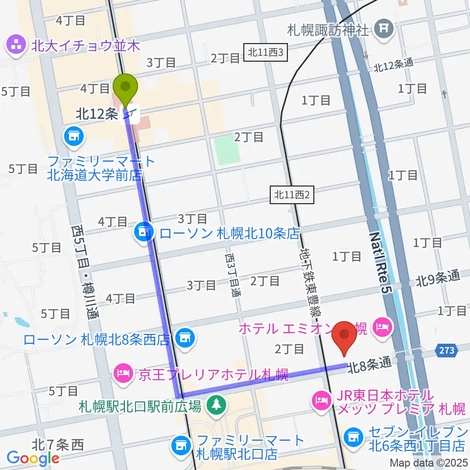 北１２条駅からジョブキタ北八劇場へのルートマップ地図