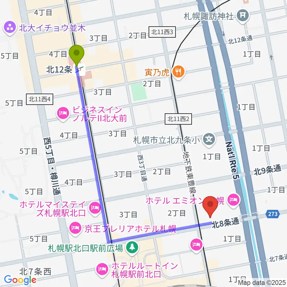 北１２条駅からジョブキタ北八劇場へのルートマップ地図