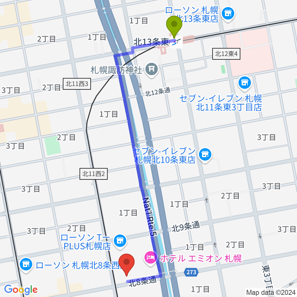 北１３条東駅からジョブキタ北八劇場へのルートマップ地図