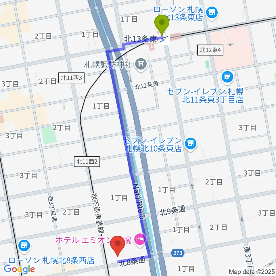 北１３条東駅からジョブキタ北八劇場へのルートマップ地図