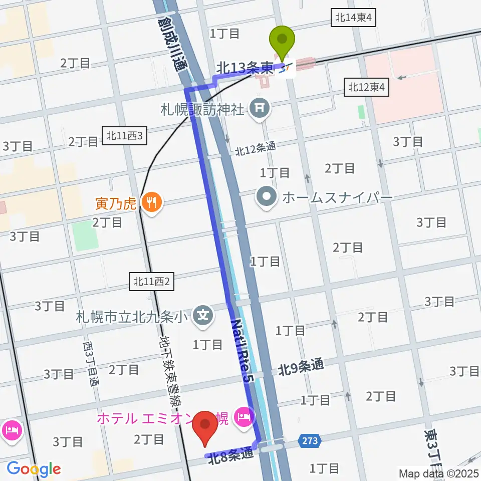 北１３条東駅からジョブキタ北八劇場へのルートマップ地図