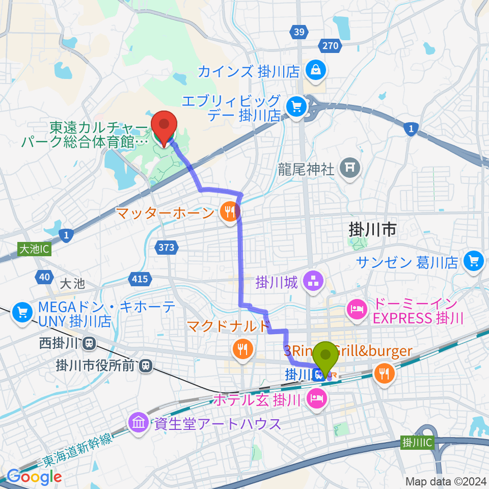 掛川駅から東遠カルチャーパーク総合体育館さんりーなへのルートマップ地図