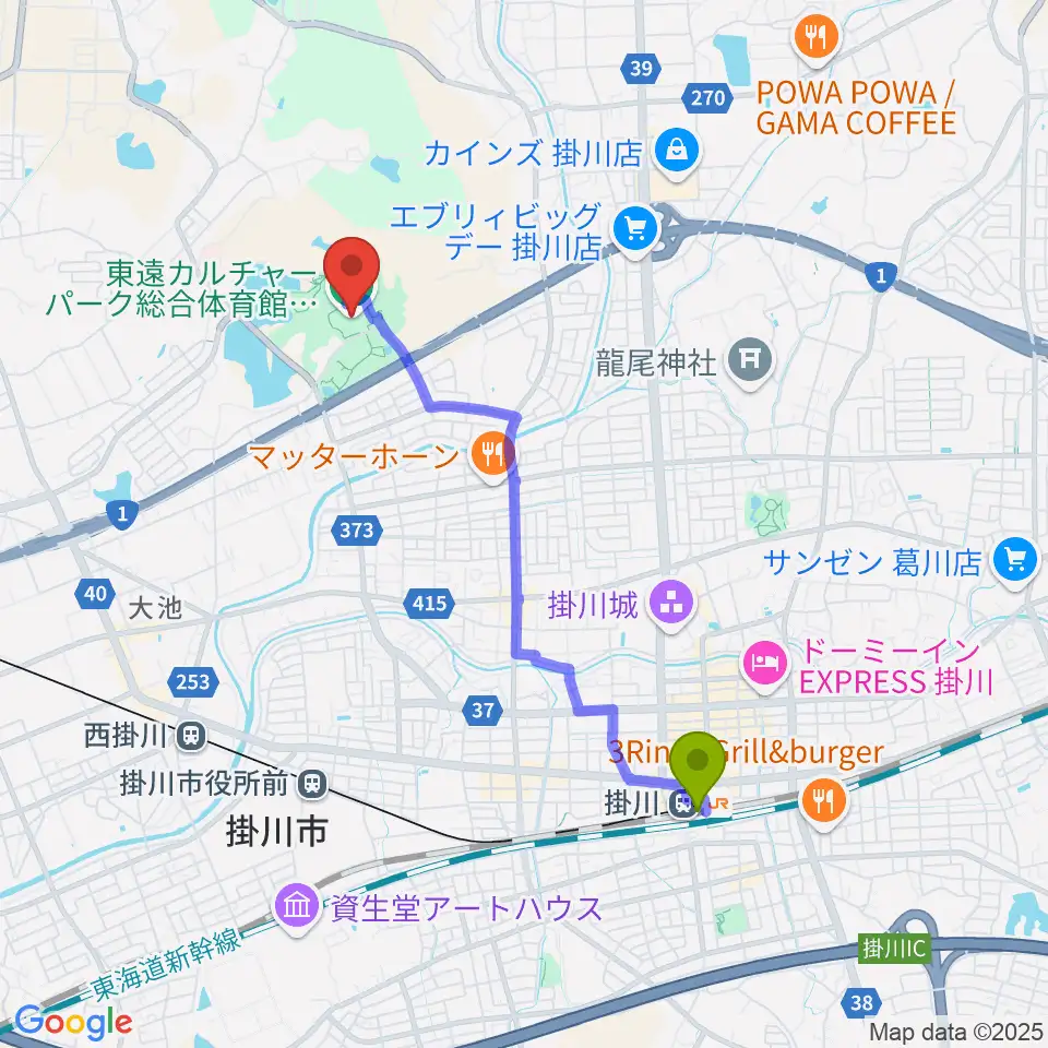 掛川駅から東遠カルチャーパーク総合体育館さんりーなへのルートマップ地図